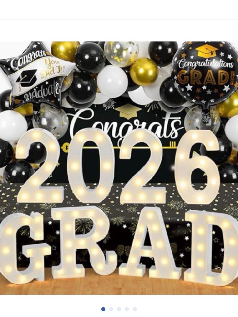 2026 Grad Light-Up Marquee Letters and Balloon Backdrop - Black, Gold, White